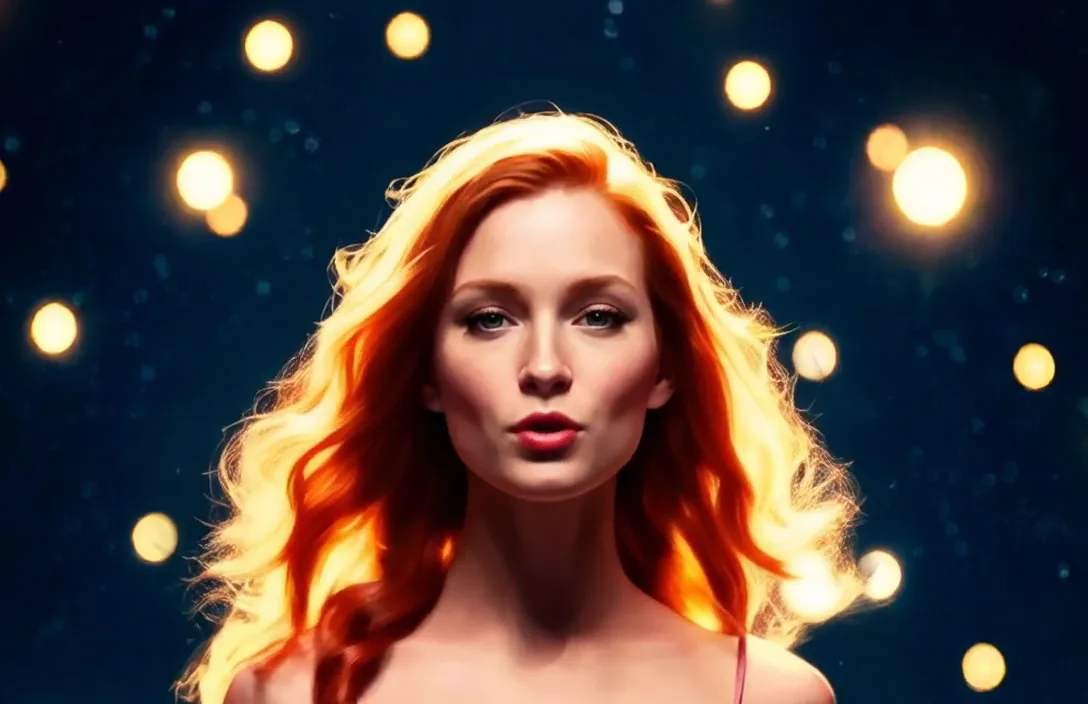 Ashley, a red-haired companion, against a starry background