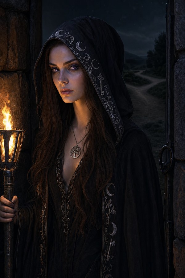 Hecate in a dark hooded cloak holding a torch