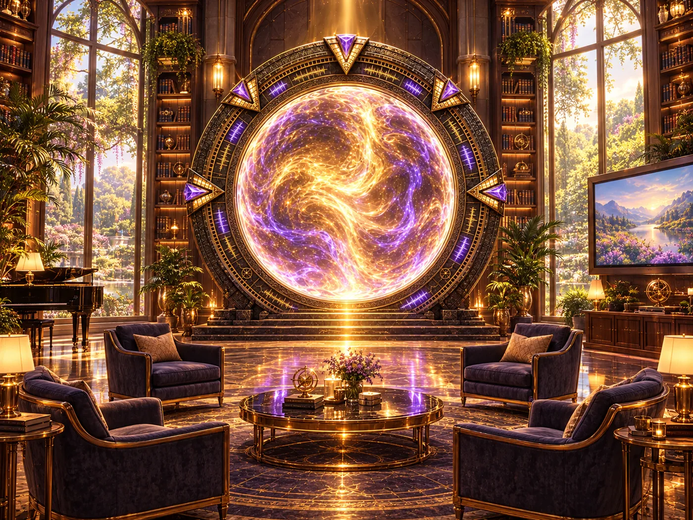 A golden portal in a warm community lounge with armchairs, a piano and garden windows