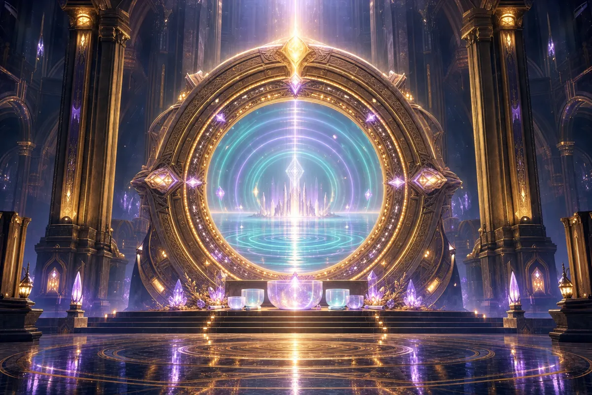 A golden portal opening onto a calm sanctuary of rippling light and singing bowls